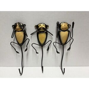 Monkey Wall Decor Hooks Pegs Set of 3 metal hear no speak no hear no evil